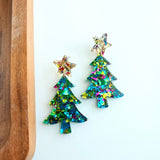 Christmas Tree Dangle Earrings - Green Sparkle
