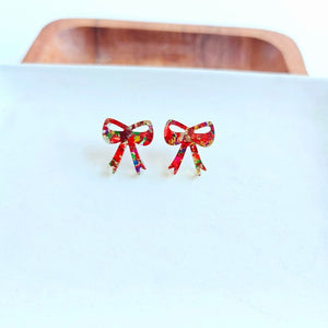 Bow Stud Earrings - Red Sparkle