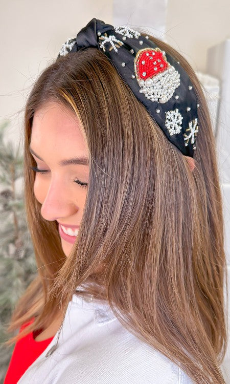 Santa Hat and Snowflake Beaded Holiday Headband - Black