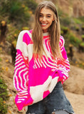 Chunky Knit Patterned Pullover Sweater Top - Neon Pink