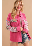 Corduroy Aztec Contrast Button Up Shacket - Hot Pink
