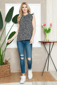 Leopard Sleeveless Ruffle Pleated Top - Black