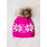 Snowflake Faux Fur Pom Beanie Hat - Pink & White
