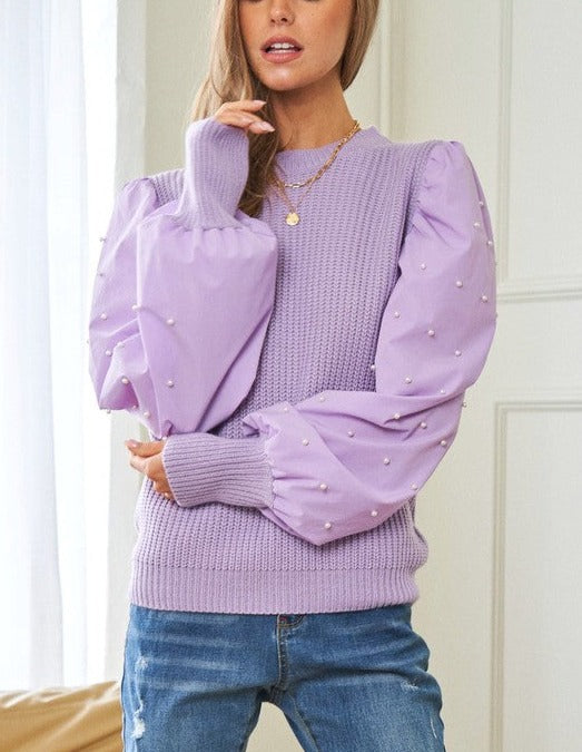 Pearl Embellished Contrast Sleeve Sweater - Lilac or Beige