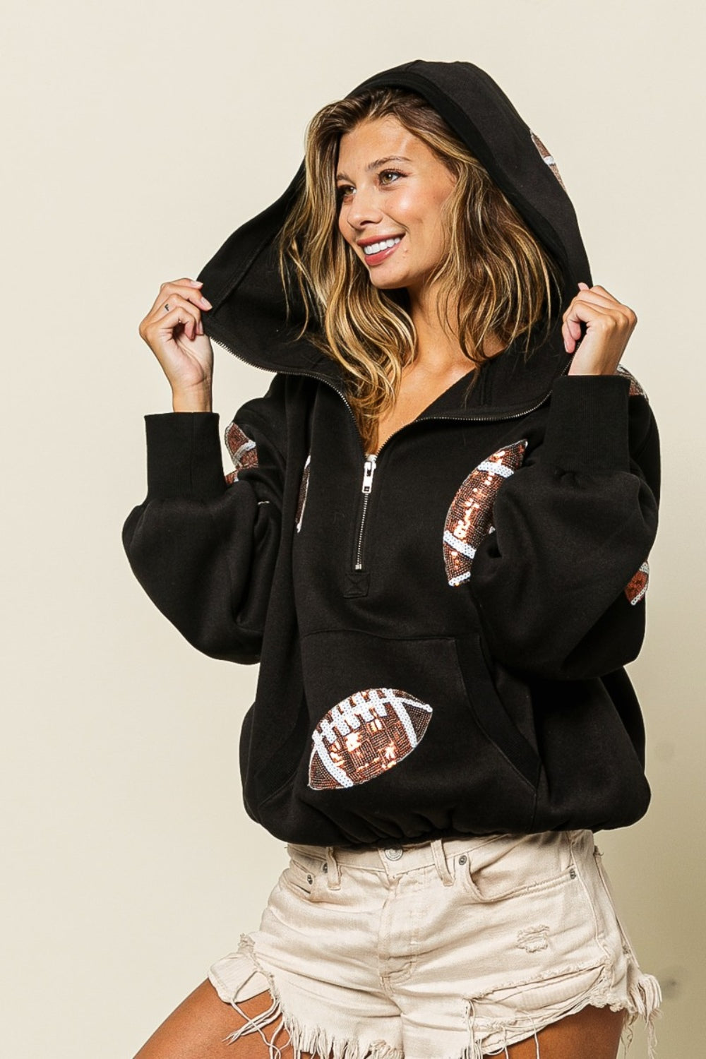 BiBi Sequin Football Half Zip Hoodie – Rust and Rose Boutique