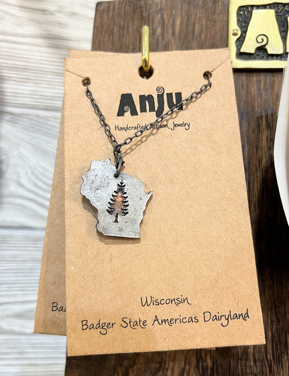 Wisconsin Necklace with Pine Tree - Pewter