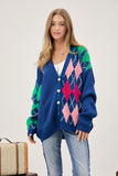 Plush Argyle Button Front Oversized Knit Cardigan - Teal or Taupe