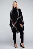 Turtleneck Plaid Knit Sweater Poncho - Ivory or Black