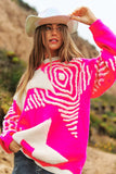 Chunky Knit Patterned Pullover Sweater Top - Neon Pink