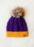 Cable Knit Faux Fur Pom Beanie Hat - Purple & Gold