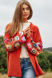 Crochet Floral Printed Long Sleeve Knit Cardigan - Beige or Rust