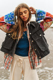 Sweater Patch Sleeve Denim Jacket - Vintage Black