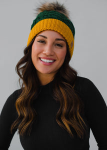 Cable Knit Faux Fur Pom Beanie Hat - Green & Gold