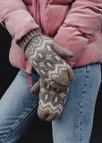 Fair Isle Pattern Chunky Knit Mittens - Taupe & Gray