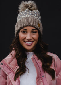 Fair Isle Faux Fur Pom Beanie Hat - Taupe & Gray