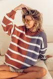 Stripe Color Block Sweater - Gray & Rust