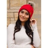 Cable Knit Fur Pom Hat - Red