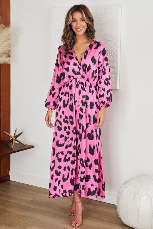 Silk Blend Leopard Print Kaftan Maxi Dress - Pink
