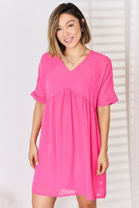 Swiss Dot Rolled Short Sleeve Babydoll Dress - Fuchsia