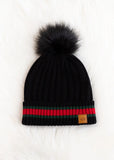 Black, Green & Red Striped Fur Pom Hat