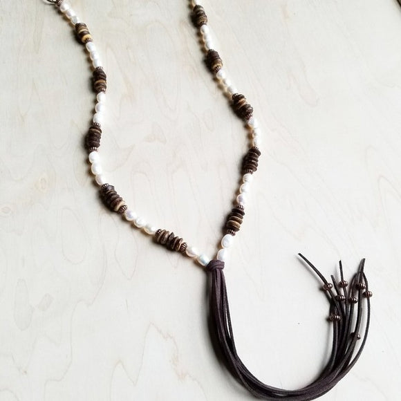 Freshwater Pearl and Wood Necklace with Tassel