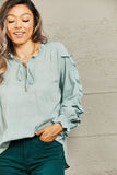 Ruffled Long Sleeve Blouse - Sage