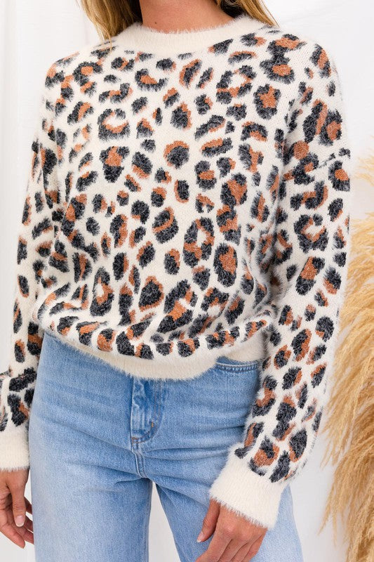Fuzzy Leopard Pullover Sweater - Taupe