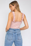 Ruffle Strap Sweetheart Neckline Ribbed Bodysuit - Pink or Gray