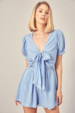 Deep V-Neck Tie Front Romper - Chambray
