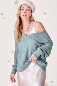 V-Neck Slouchy Waffle Weave Top - 5 colors