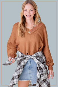 V-Neck Slouchy Waffle Weave Top - 5 colors