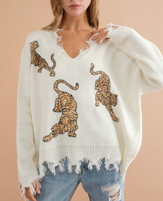 Oversized Jumper With Sequin Tiger In Peach