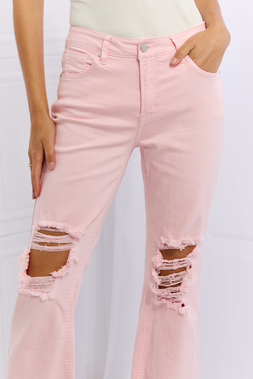 RISEN Miley Distressed Ankle Flare Jeans - Blush Pink – Rust and Rose  Boutique