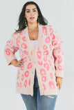 Leopard Print Eyelash Cardigan Sweater - Pink - Curvy