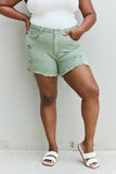 RISEN Katie High Waisted Distressed Shorts - Gum Leaf