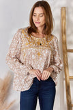 Embroidered Printed Balloon Sleeve Blouse - Taupe