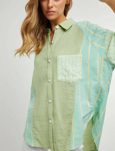 Drop Shoulder Mixed Print Button Up Shirt - Sage