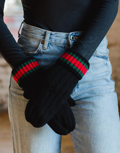Red & Green Stripe Knit Mittens - Black