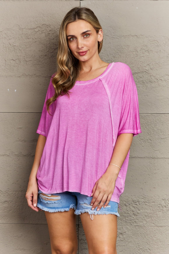 Mineral Washed Boat Neck Seamed Tee - Fuchsia Pink