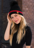 Black, Green & Red Striped Fur Pom Hat