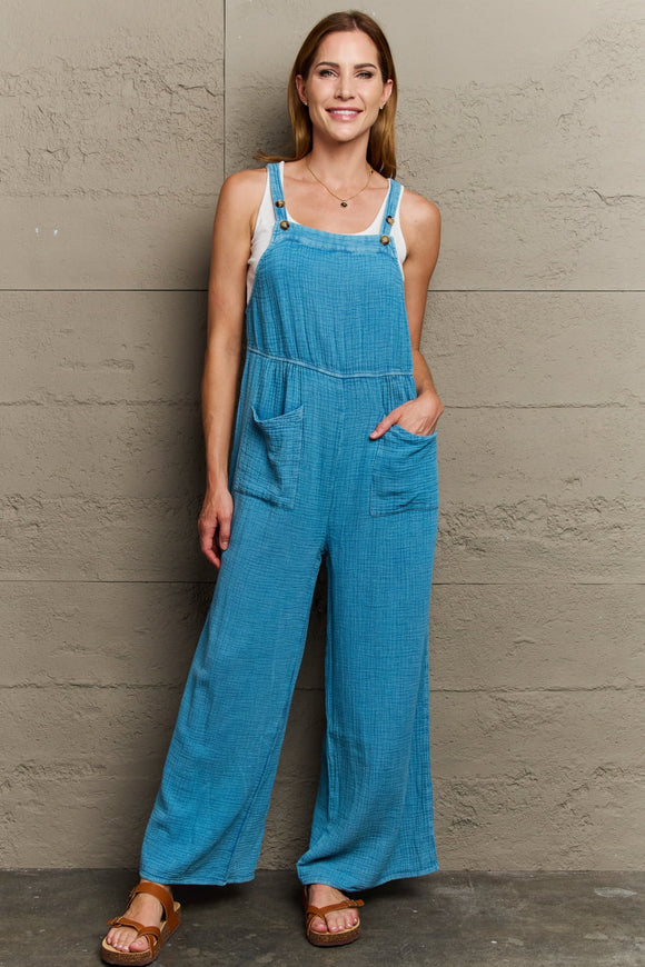 Mineral Wash Cotton Gauze Overalls - Turquoise