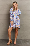 Long Sleeve Floral Print Mini Dress - Blue
