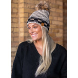 Marled Knit & Plaid Faux Fur Pom Beanie Hat - Tan & Black