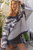 POL Mixed Print Oversized V-Neck Sweater - Gray