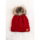 Cable Knit Fur Pom Hat - Red