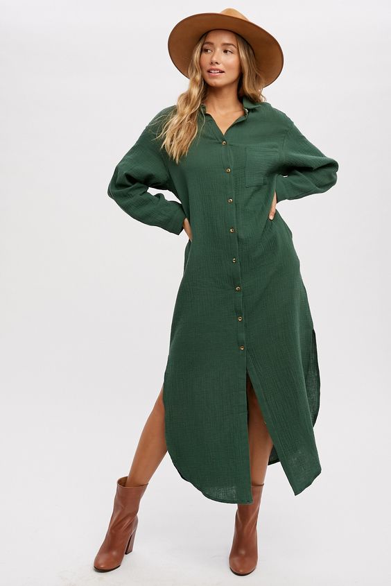 Button-up Cotton Maxi Shirt Dress - Hunter Green