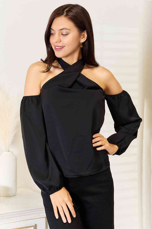 Grecian Cold Shoulder Long Sleeve Blouse - Black