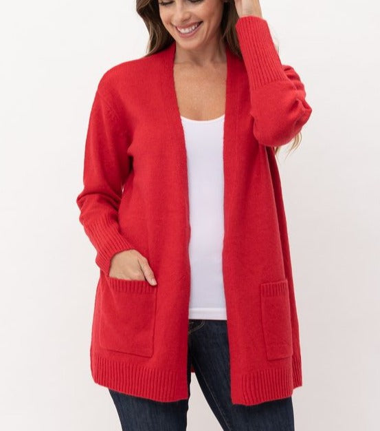 Open Front Pocket Cardigan Sweater - Red