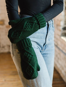 Cable Knit Mittens - Dark Green