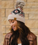 Aztec Knit Faux Fur Pom Hat - Tan